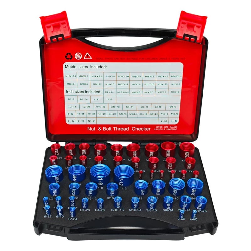 HiNADA 52PCS Nut and Bolt Thread Checker, 28 Inch & 24 Metric Box Set Thread Gauge, Thread Checker Kit in Standard and Metric Suitable for Nut Bolt Size Finder on Tricky and Narrow Area - Image 1
